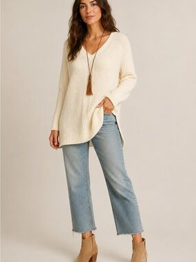 Isaac Mizrahi Live Cream Textured Knit Tunic Sweater V-Neck Boho Chic